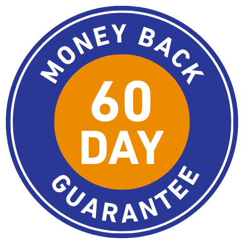 Blue circular badge with orange center reading '60 DAY' for a money-back guarantee (60-day guarantee).Blue circular badge with orange center reading '60 DAY' for a money-back guarantee (60-day guarantee).