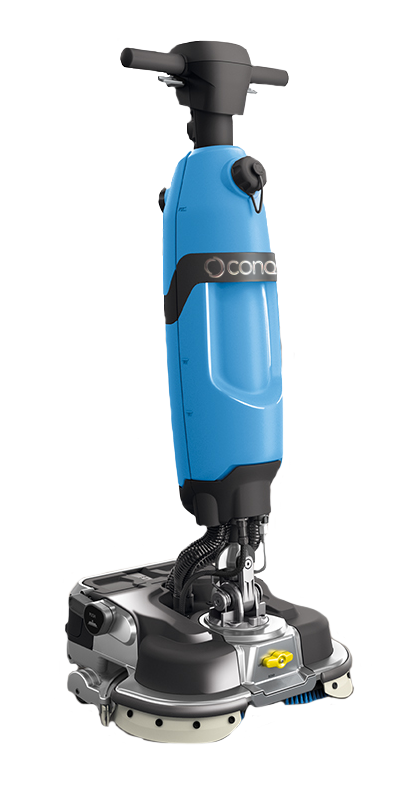 Blue walk-behind floor polishing machine with a large round cleaning head and handlebar for grip and control (industrial floor polisher).Blue walk-behind floor polishing machine with a large round cleaning head and handlebar for grip and control (industrial floor polisher).
