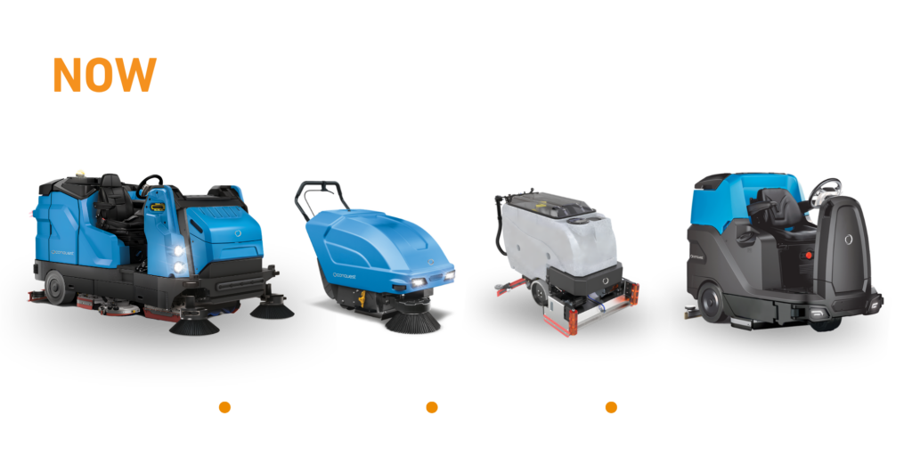 Conquest_Billboard Creatives_2000x1000px-2 - Conquest Banner announcing NOW IN COCKBURN CENTRAL, PERTH with four blue floor scrubbers lined up beneath it, promoting cleaning equipment hire.Banner announcing NOW IN COCKBURN CENTRAL, PERTH with four blue floor scrubbers lined up beneath it, promoting cleaning equipment hire.