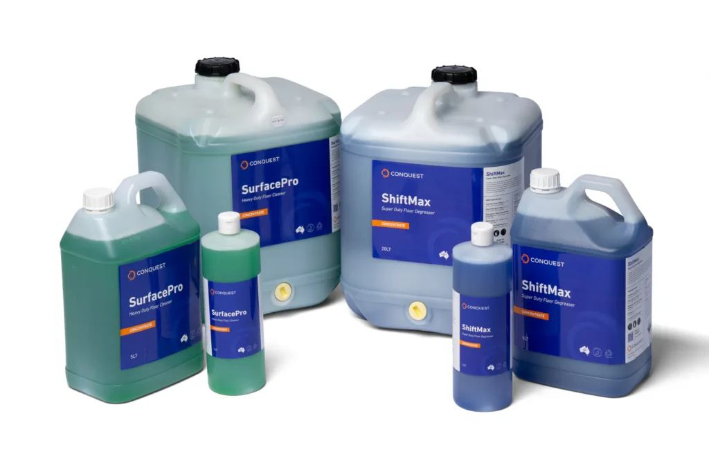 Commercial cleaning chemical range featuring SurfacePro and ShiftMax concentrates in 1L, 5L and 20L volumes