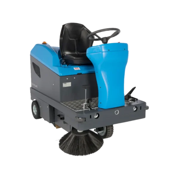 Conquest HD90 ride-on industrial sweeper with dual side brushes for commercial floor cleaning