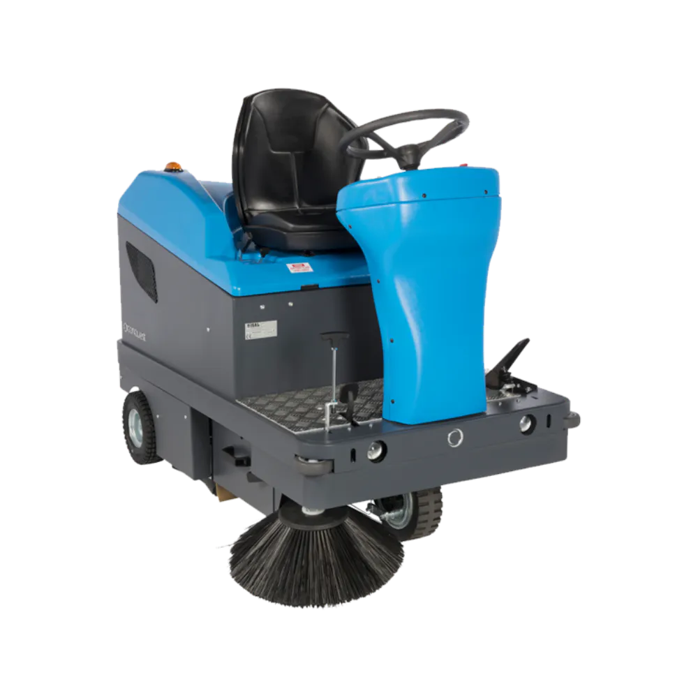 Conquest HD90 ride-on industrial sweeper with dual side brushes for commercial floor cleaning