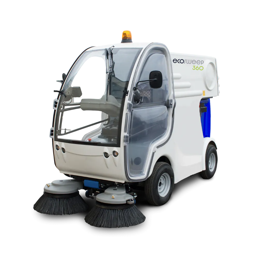 Conquest HDSS360 compact street sweeper shown from a front three-quarter angle on a clean background for product display