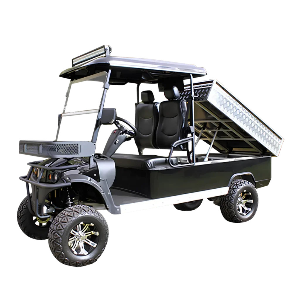 Conquest HDUV210 utility task vehicle with raised tipping tray for efficient material handling and unloading