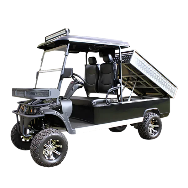 Conquest HDUV210 utility task vehicle with raised tipping tray for efficient material handling and unloading