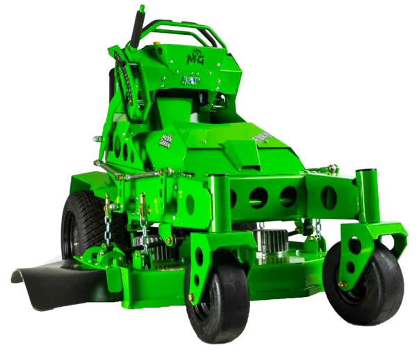 Conquest SDSM32 stand-on mower shown in a three-quarter front studio view for professional commercial turf maintenance