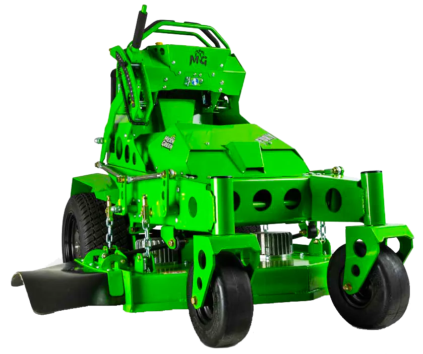 Conquest SDSM32 stand-on mower shown in a three-quarter front studio view for professional commercial turf maintenance