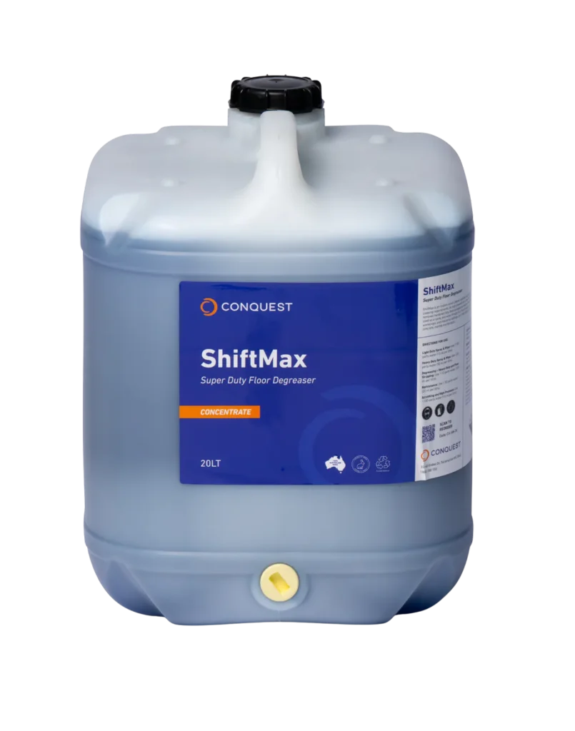 20 Litre Drum of Conquest ShiftMax Super Duty Floor Degreaser concentrate for use in industrial floor cleaning equipment