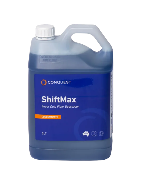 5 Litres of Conquest ShiftMax Super Duty Floor Degreaser concentrate for use in industrial floor cleaning equipment