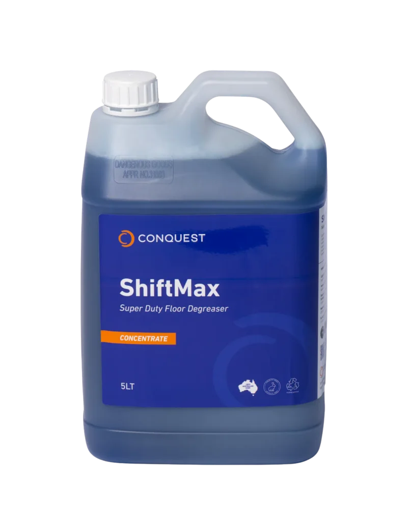 5 Litres of Conquest ShiftMax Super Duty Floor Degreaser concentrate for use in industrial floor cleaning equipment