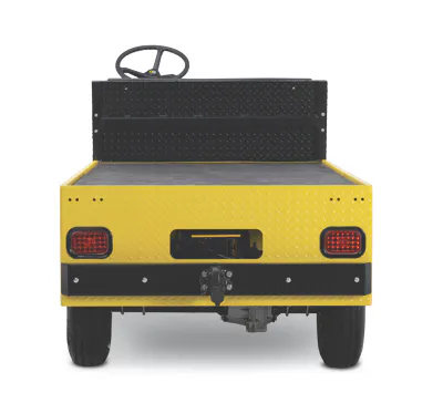 Rear view of the Conquest Titan XD-2 industrial vehicle highlighting the cargo deck and towing hitch