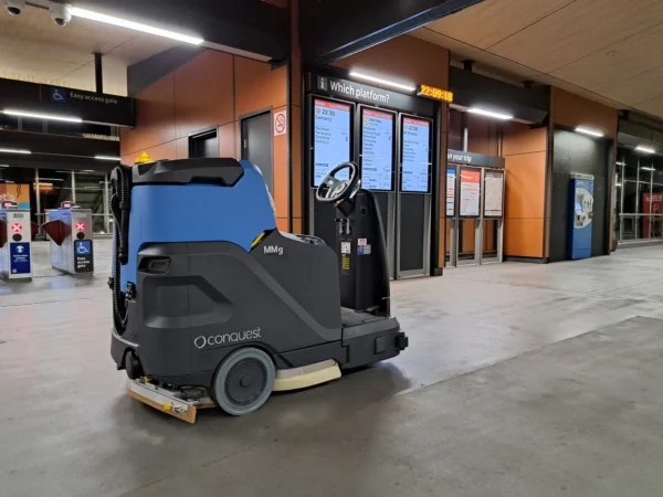 Used Conquest HDS77 Ride-on Industrial Floor Scrubber Serial No. 107639