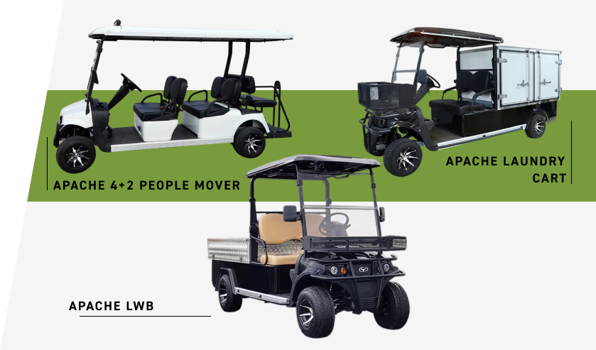 Promotional banner showing three Apache carts: white 4+2 people mover on the left, black laundry cart on the top right, and black long-wheelbase cart bottom on a green stripe.Promotional banner showing three Apache carts: white 4+2 people mover on the left, black laundry cart on the top right, and black long-wheelbase cart bottom on a green stripe.Promotional banner showing three Apache carts: white 4+2 people mover on the left, black laundry cart on the top right, and black long-wheelbase cart bottom on a green stripe.Promotional banner showing three Apache carts: white 4+2 people mover on the left, black laundry cart on the top right, and black long-wheelbase cart bottom on a green stripe.